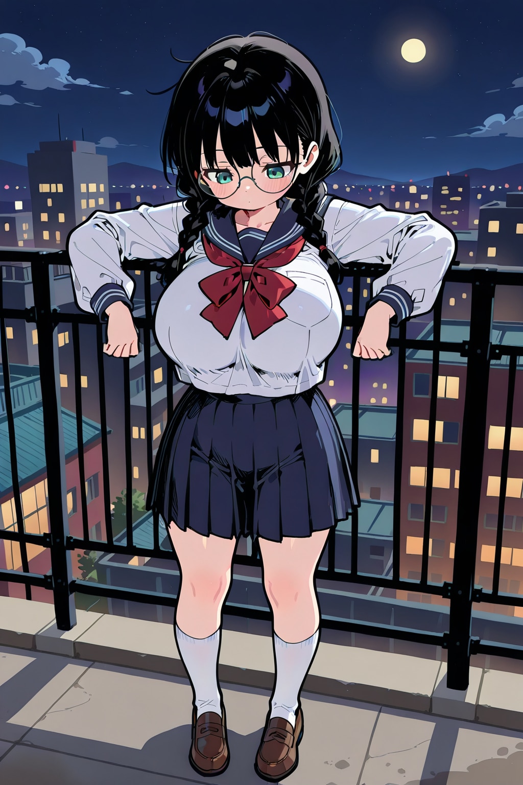 ビルの屋上から下を確認したがいなかったので落ち込むおさげちゃん | の人気AIイラスト・グラビア