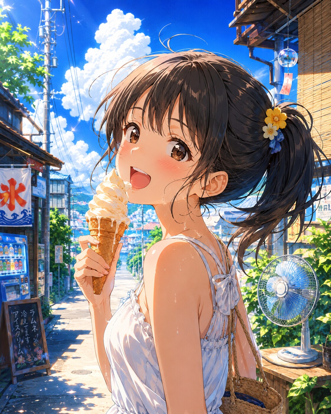 夏の街角のアイスクリーム女子