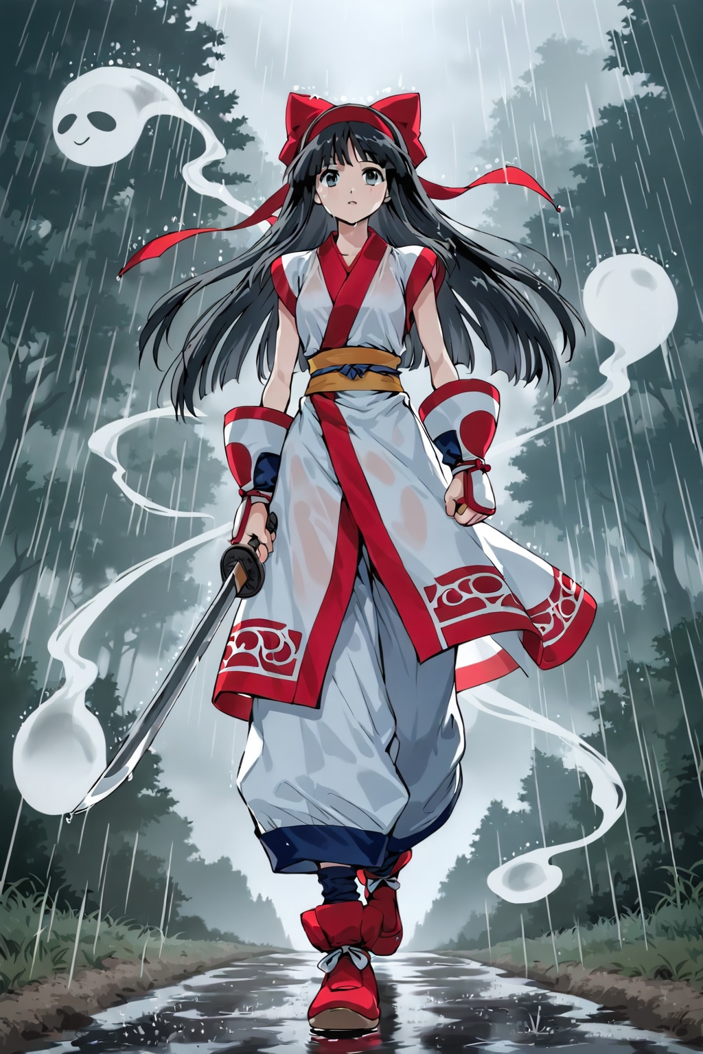 (失敗)結局雨中を歩くナコルル(お化けに雨よけの予定だった)