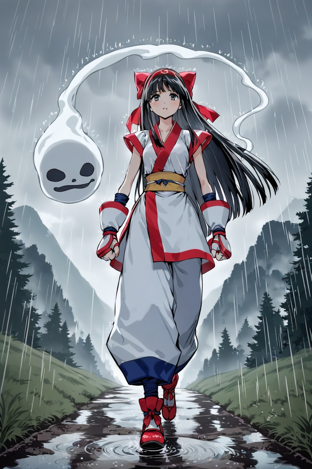 (失敗)結局雨中を歩くナコルル(お化けに雨よけの予定だった)