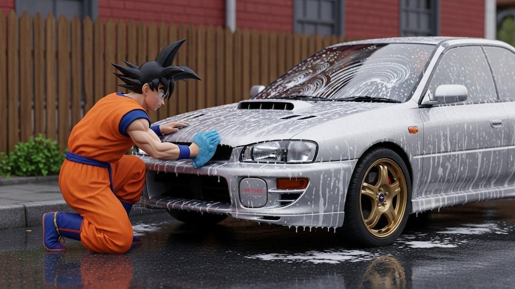 孫悟空がインプレッサを洗う