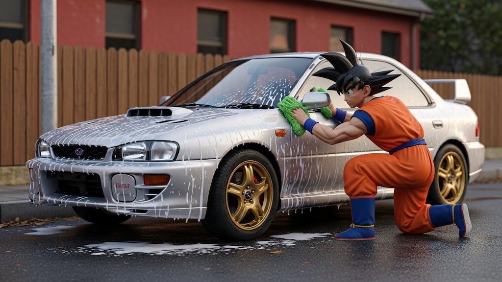 孫悟空がインプレッサを洗う