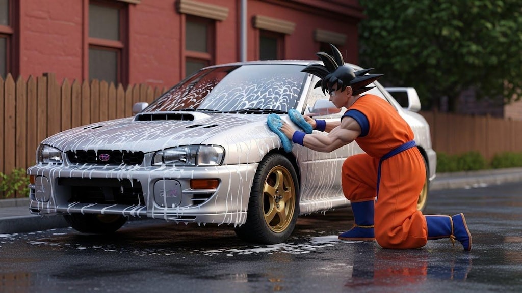 孫悟空がインプレッサを洗う