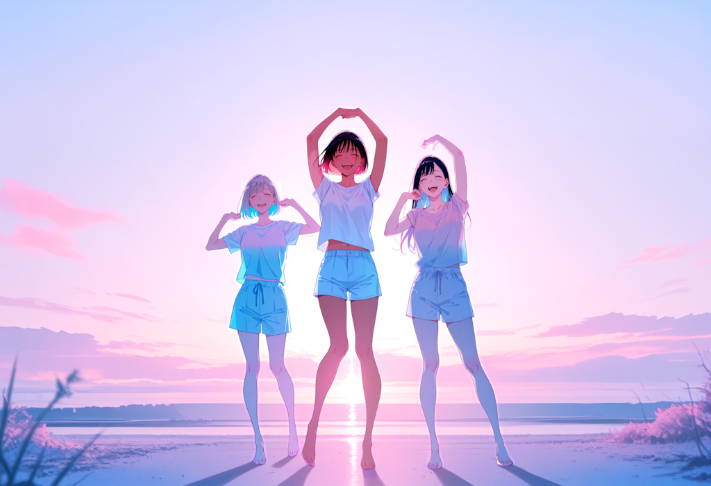 腕を前から上にあげて 大きく背伸びの運動 はい！ １、２、３、４、５、６