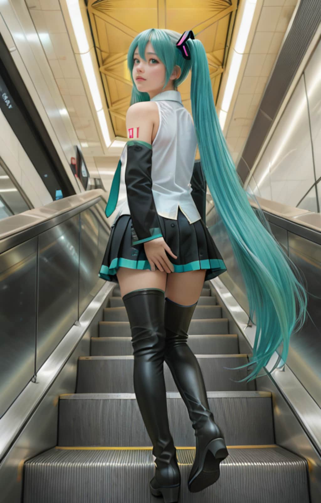 ハロウィン会場に急ぐ初音ミクのコスプレイヤー女子