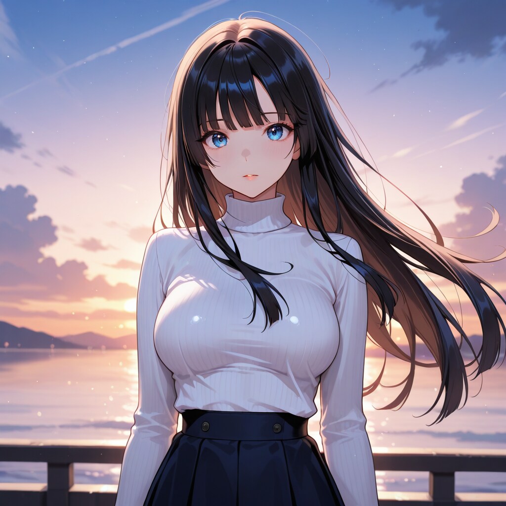 夕日と浜風に揺れる髪