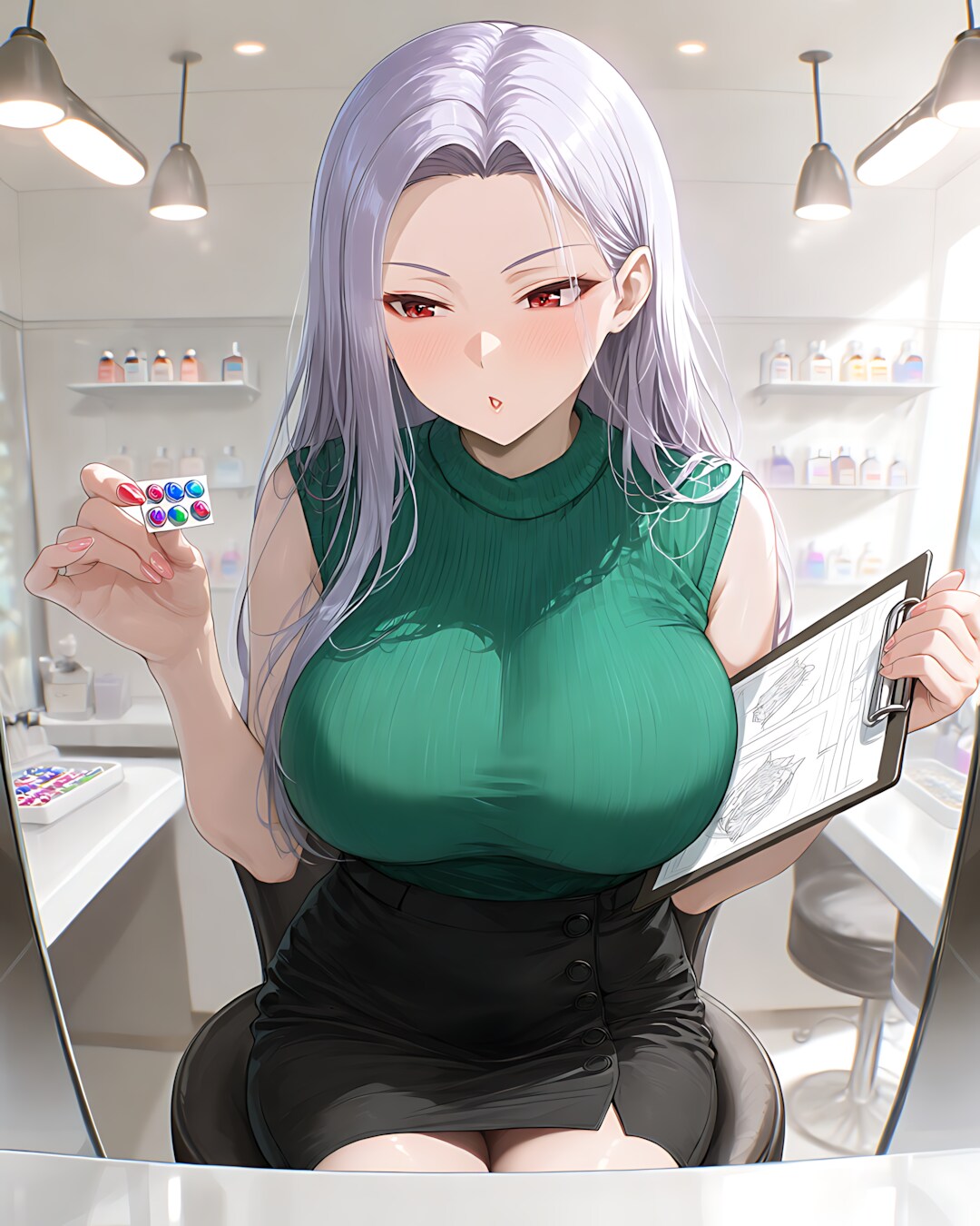 💅サロンのバックヤードで、ミレナの真剣なデザイン確認💜