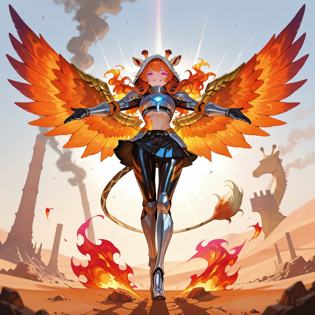 砂漠に立つ炎と翼のキリンフーディーお姉さん