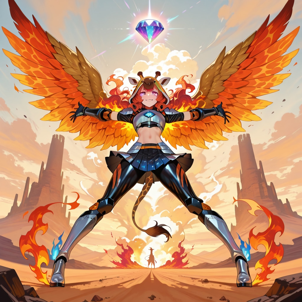 砂漠に立つ炎と翼のキリンフーディーお姉さん | の人気AIイラスト・グラビア