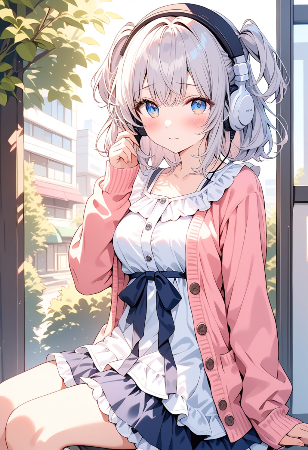 ヘッドホンで音楽を聴く美少女