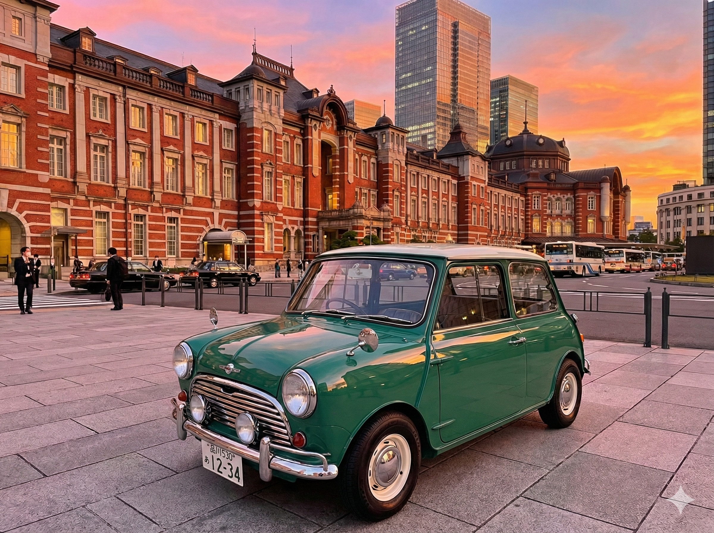 丸の内口前に佇むモーリスミニMk-1 | の人気AIイラスト・グラビア