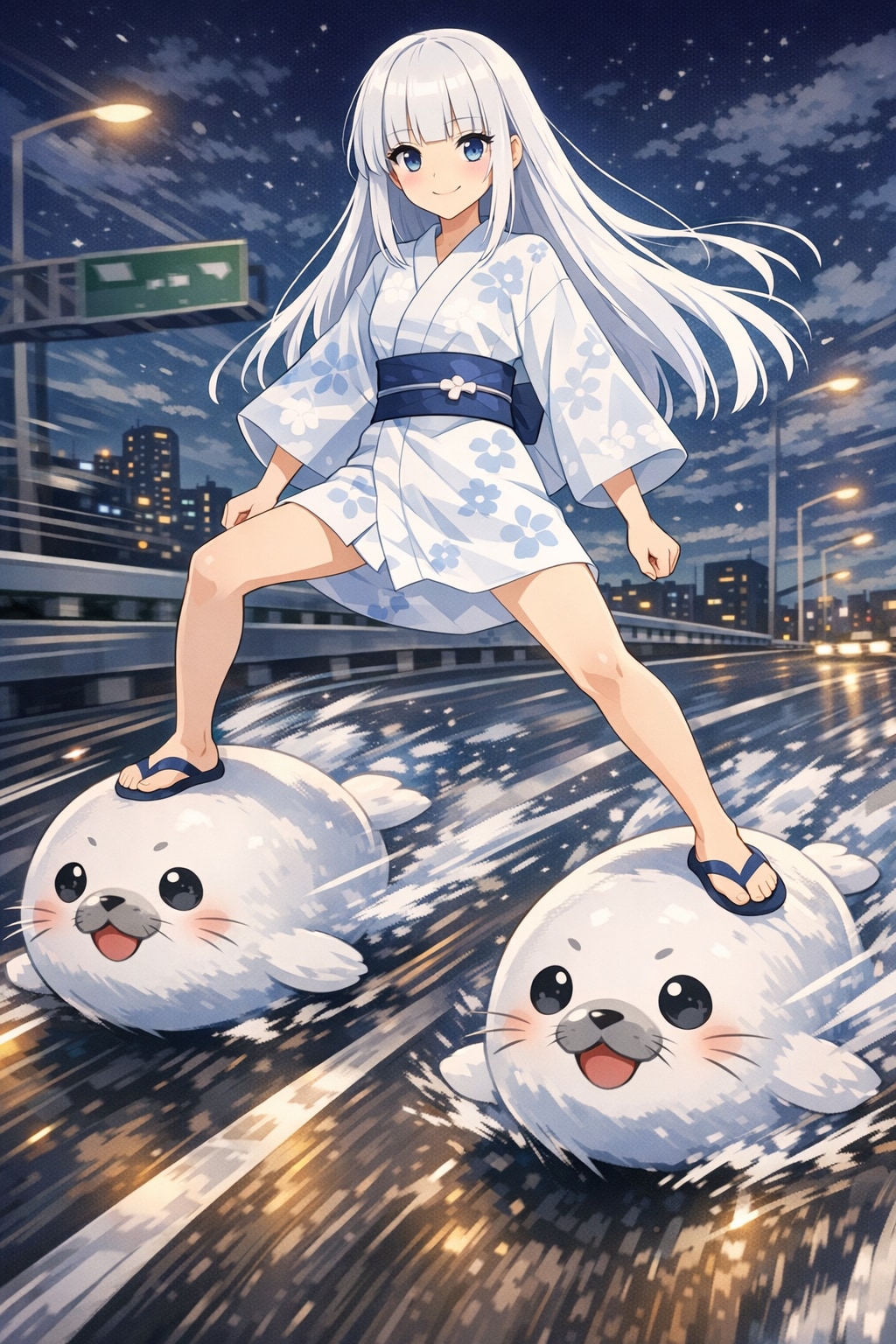 某ホラゲーのイルカのシーンを高速道路上で再現する女の子 | の人気AIイラスト・グラビア