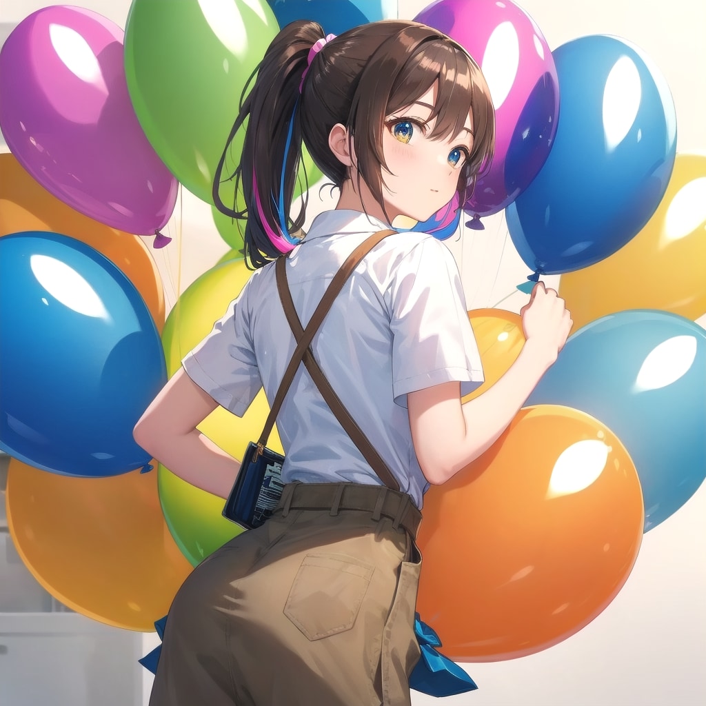 いっぱい風船を持つブラウンポニーテールのコンビニ店員の美女。 | の人気AIイラスト・グラビア