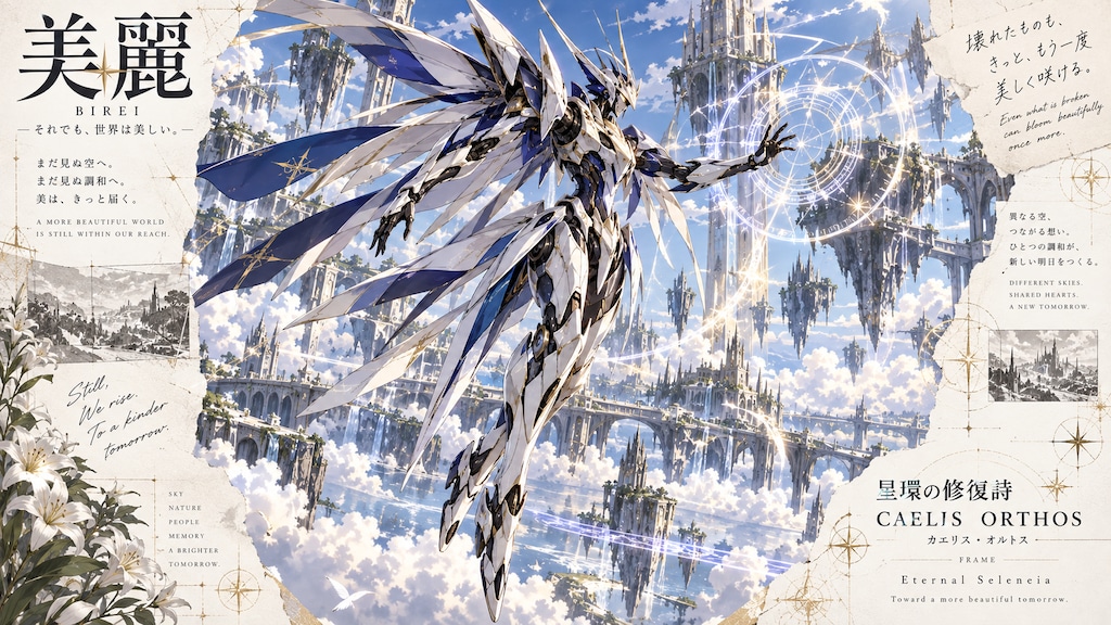 Reaching toward a magic circle, wings spread across a sky full of floating towers.  Even what is bro