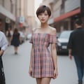 オフショルチェックミニワンピースの瞳ママ 3枚目