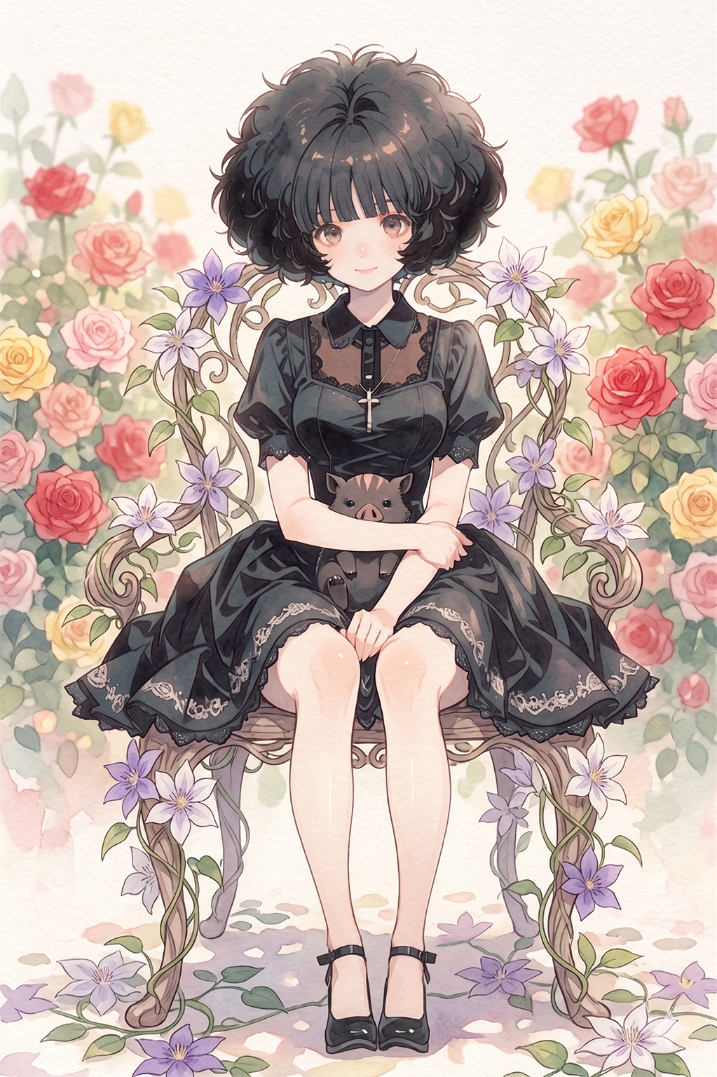 ブタさんと薔薇とクレマチスと