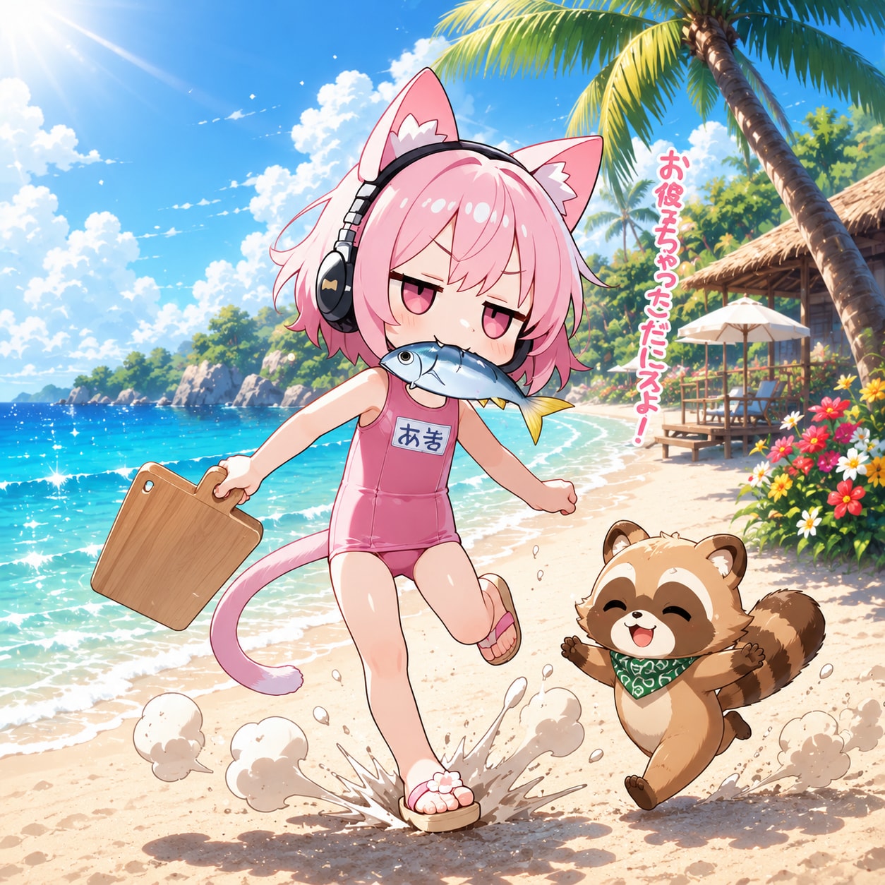 リゾート地でヘッドフォンをつけてたぬきさんと一緒に走るまにゃ板ぺたん娘ねこ