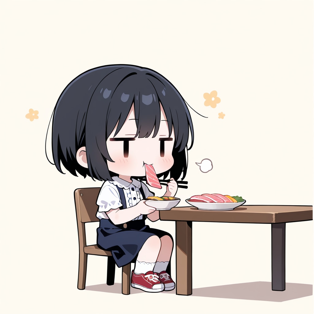 サーモンのお刺身を食べる