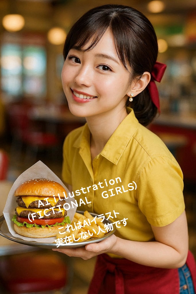 バーガーショップ店員コスプレのミディアムヘア美少女 | の人気AIイラスト・グラビア