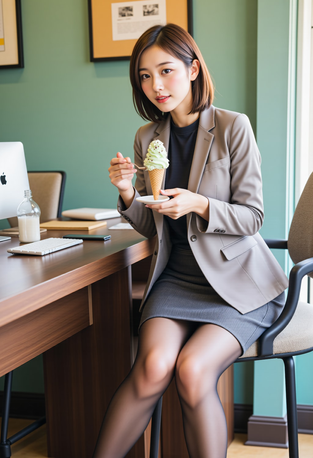 チョコミントアイスを食べて休憩しているOL