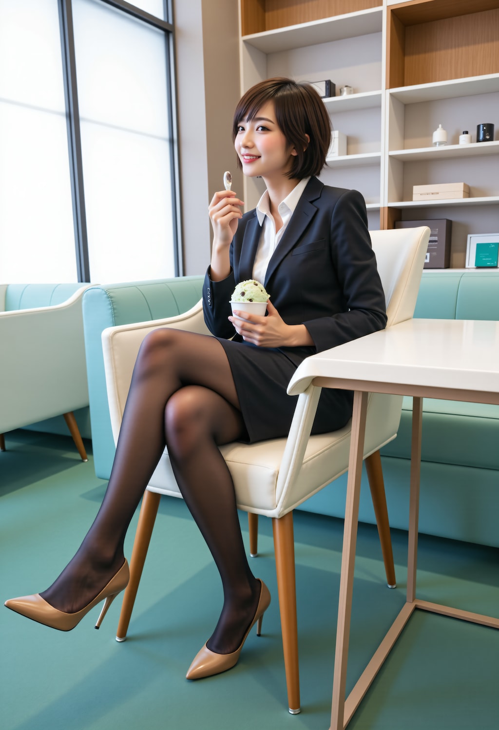 チョコミントアイスを食べて休憩しているOL