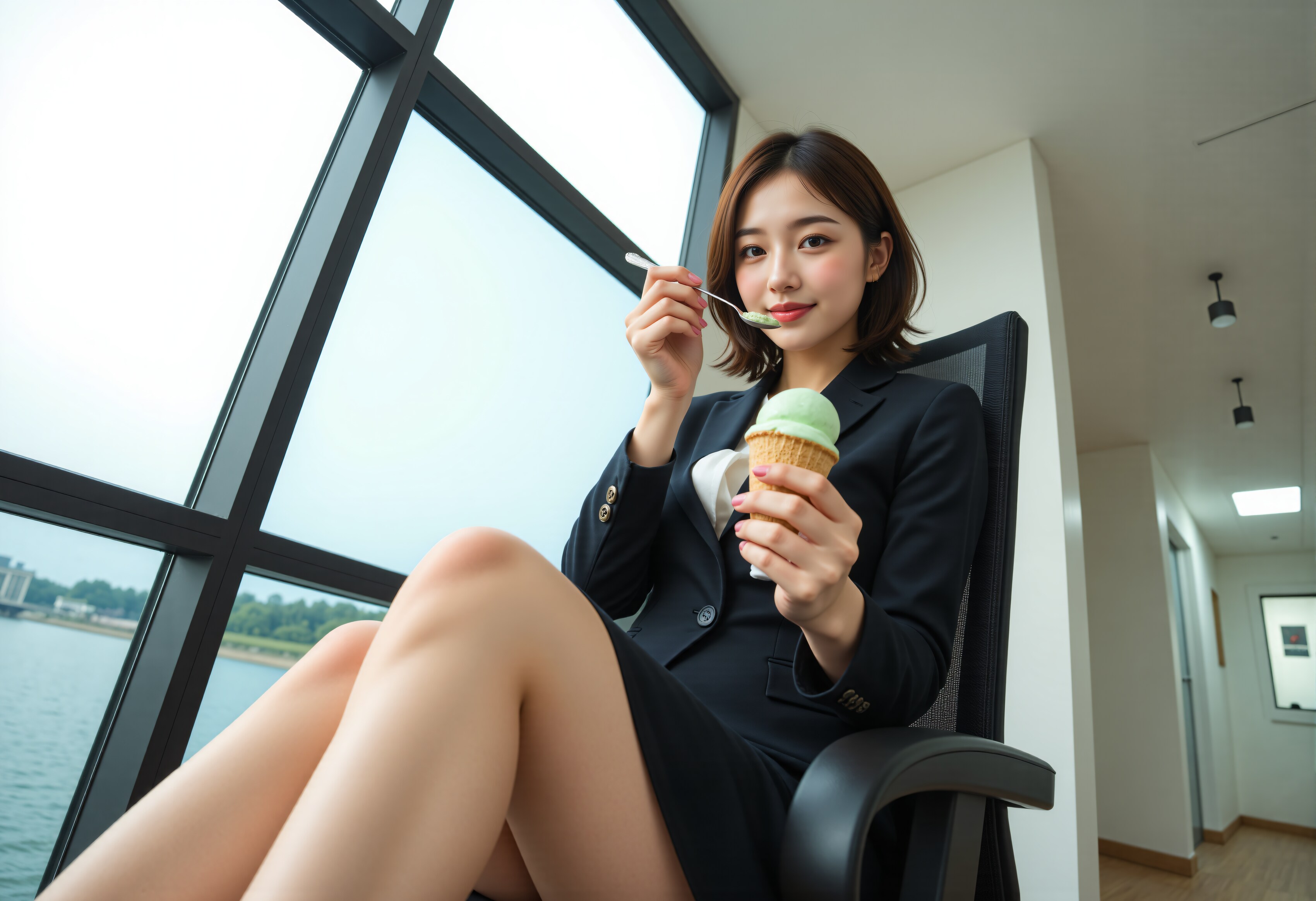 チョコミントアイスを食べて休憩しているOL