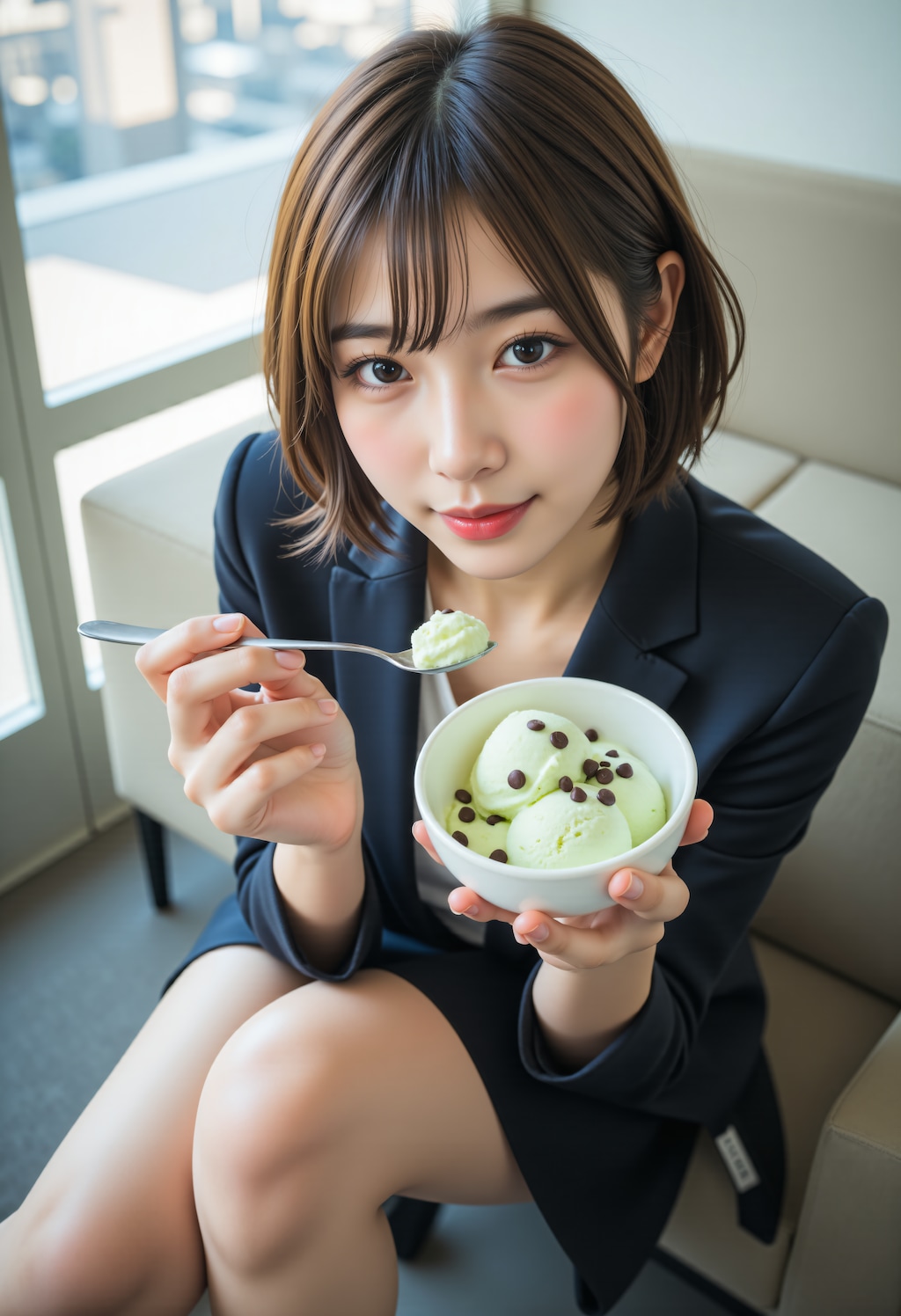 チョコミントアイスを食べて休憩しているOL