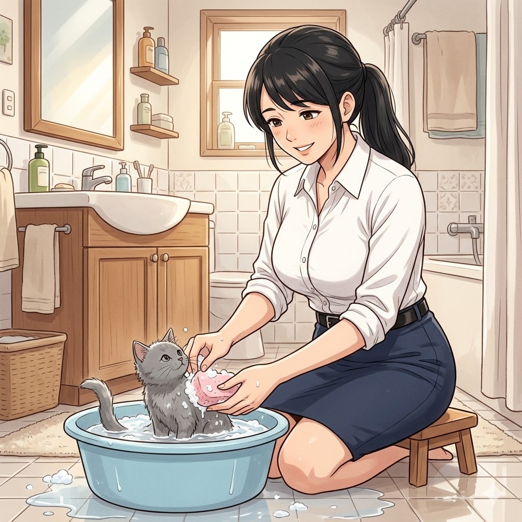灰色の猫を洗う熟女