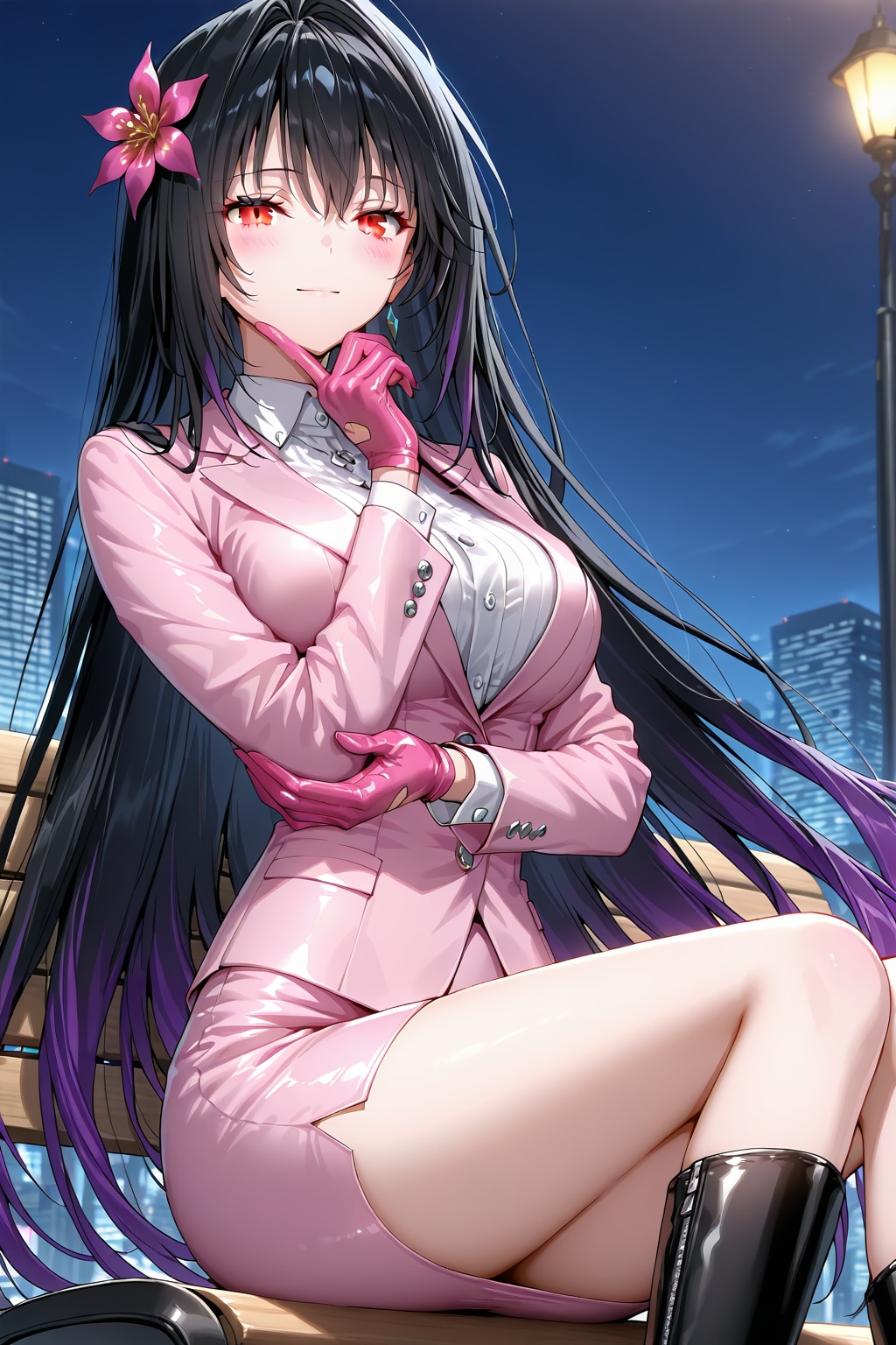 サテンのスカートスーツ　黒髪美女