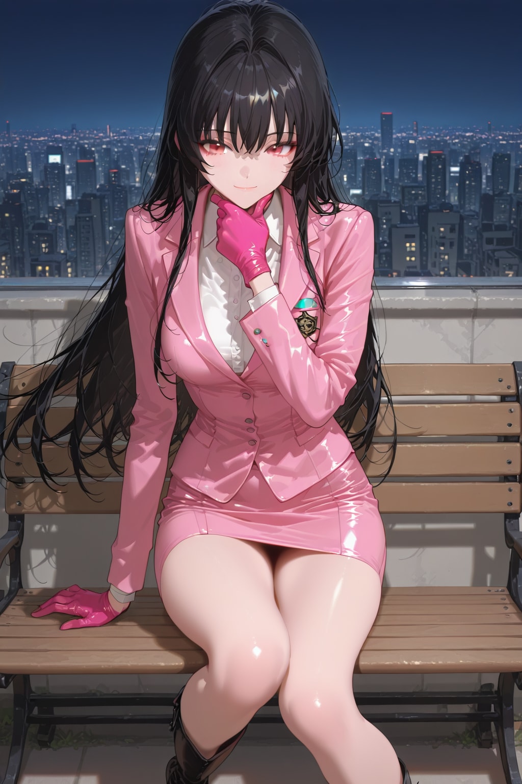 サテンのスカートスーツ　黒髪美女