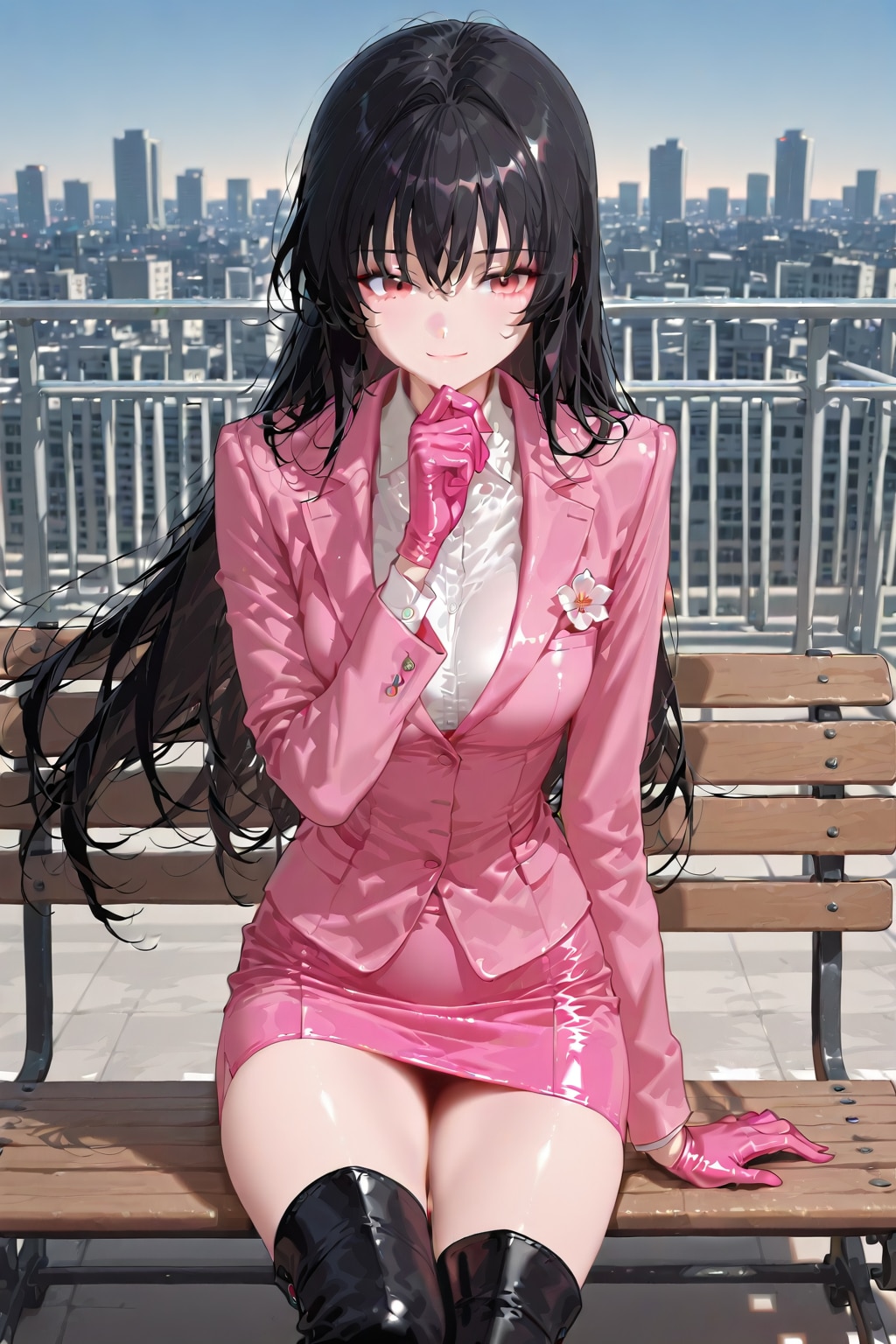 サテンのスカートスーツ　黒髪美女