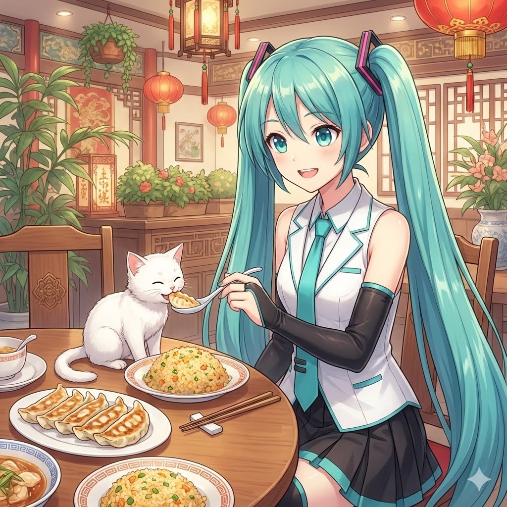 子猫に餃子をあげるミクさん