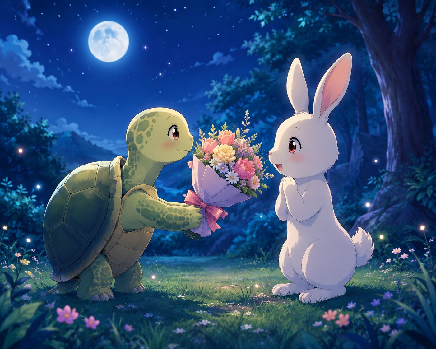 うさぎと花束を贈るカメ | の人気AIイラスト・グラビア