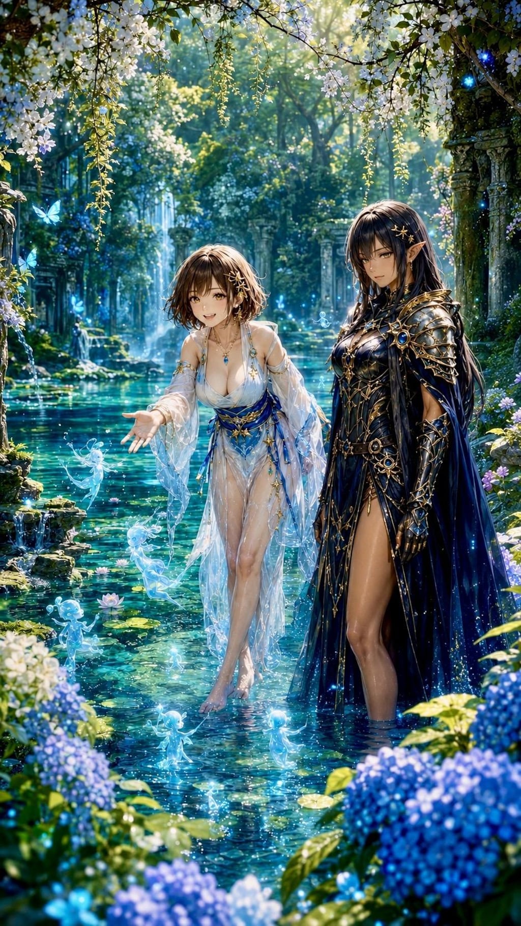 精霊湖で水の精霊と交流する巫女
