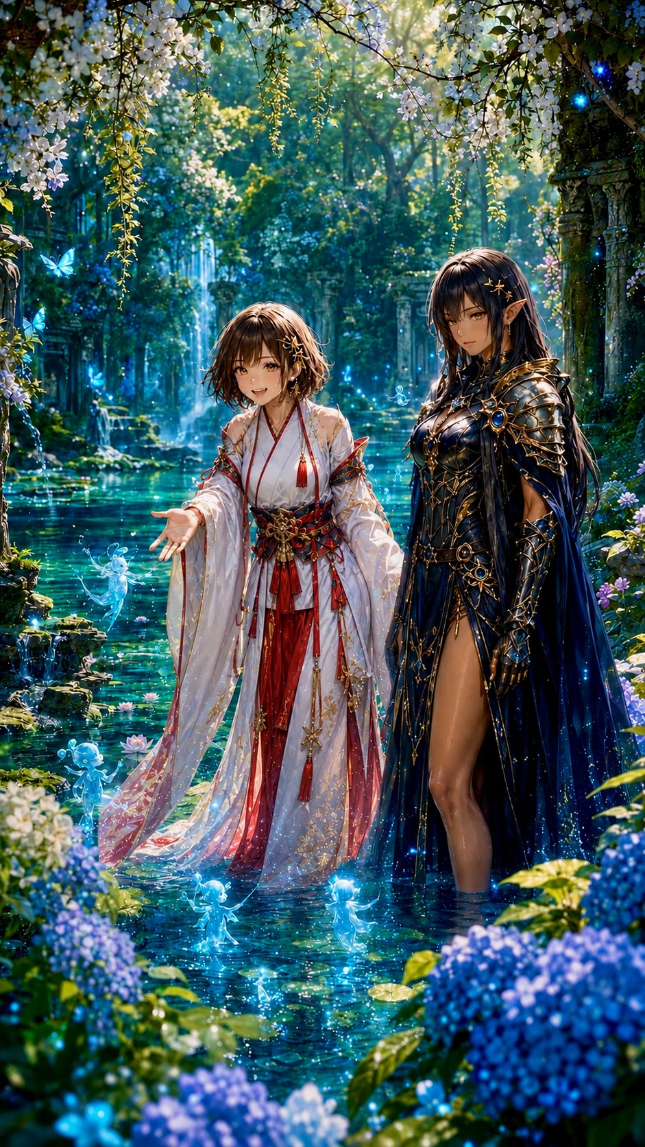 精霊湖で水の精霊と交流する巫女