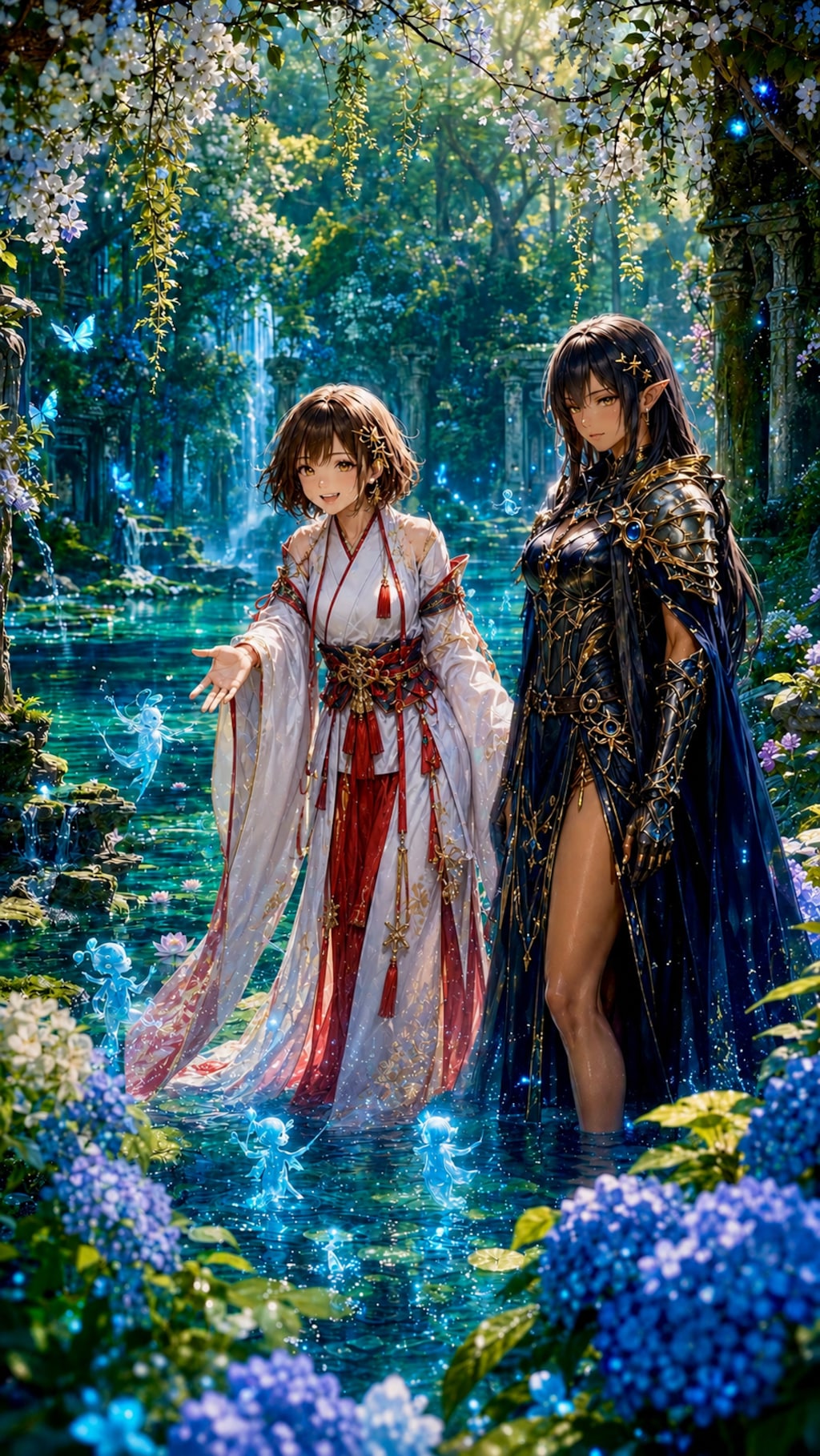 精霊湖で水の精霊と交流する巫女