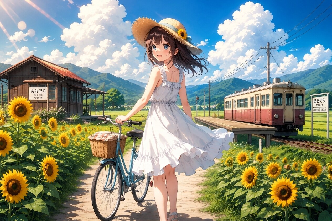 ひまわり畑を駆ける夏の駅。 | の人気AIイラスト・グラビア