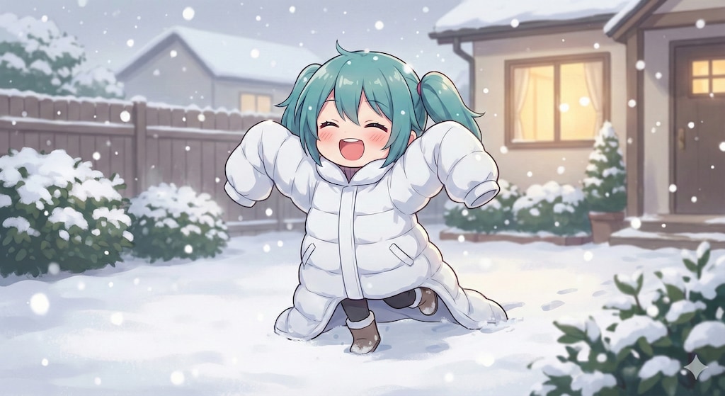 大人のコートではしゃぐミクちゃん⛄️