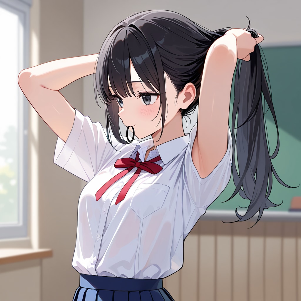 ヘアゴムを咥える　ポニーテール