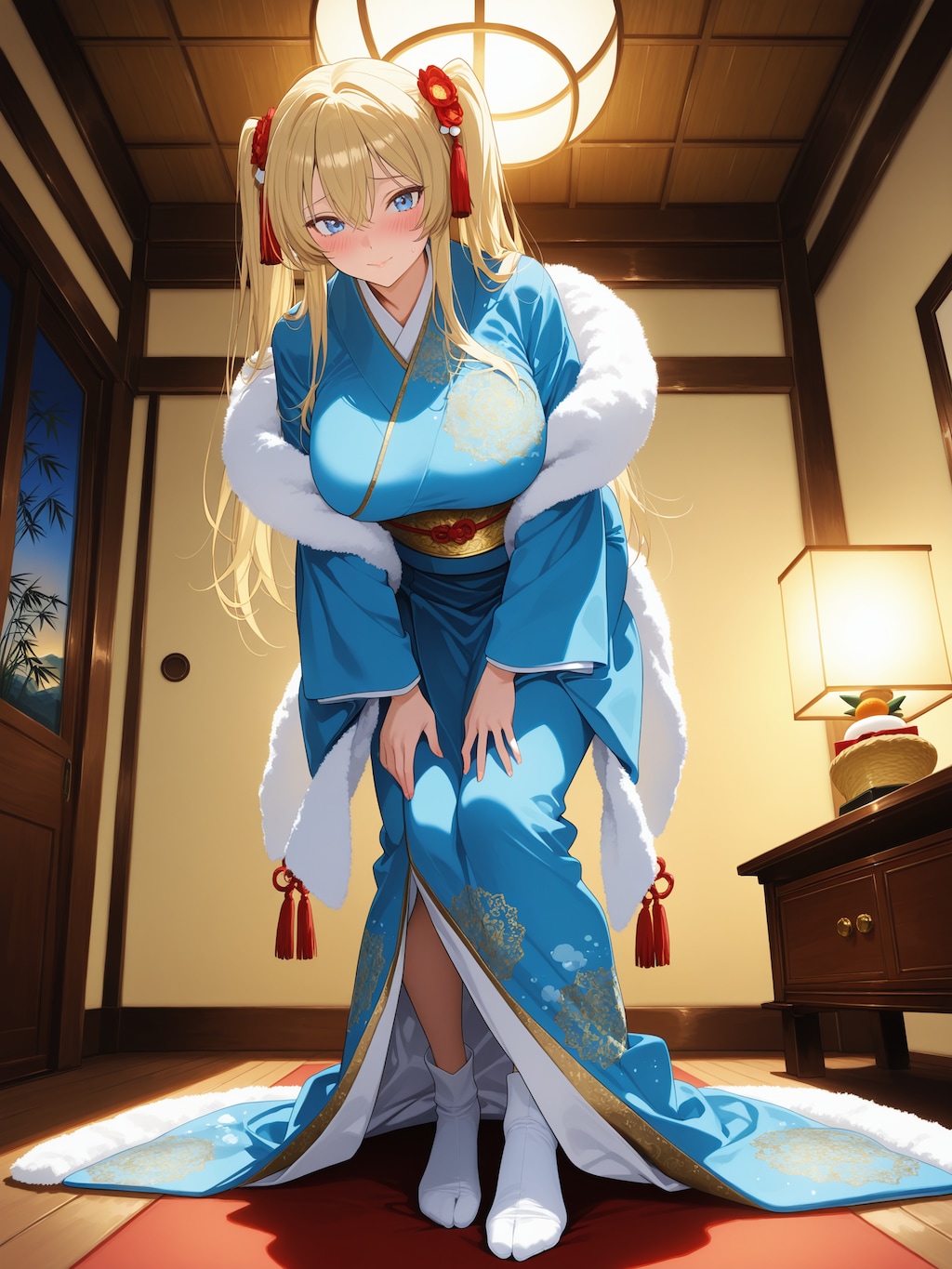 新春の蒼き振袖と解かれた帯①