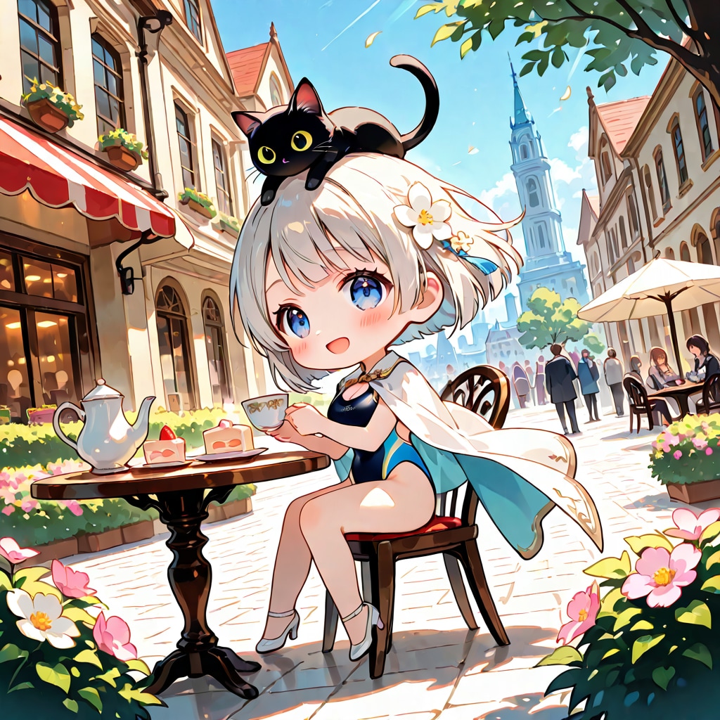 ちび銀姫様、競泳水着でティータイム | の人気AIイラスト・グラビア