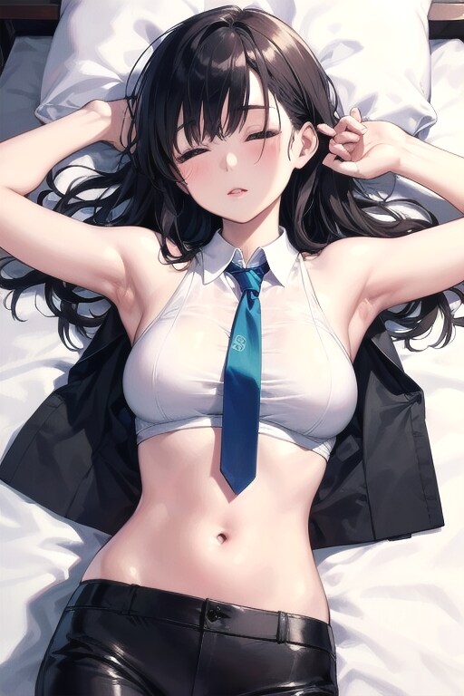 へそ出しスーツOLのホテルベッド