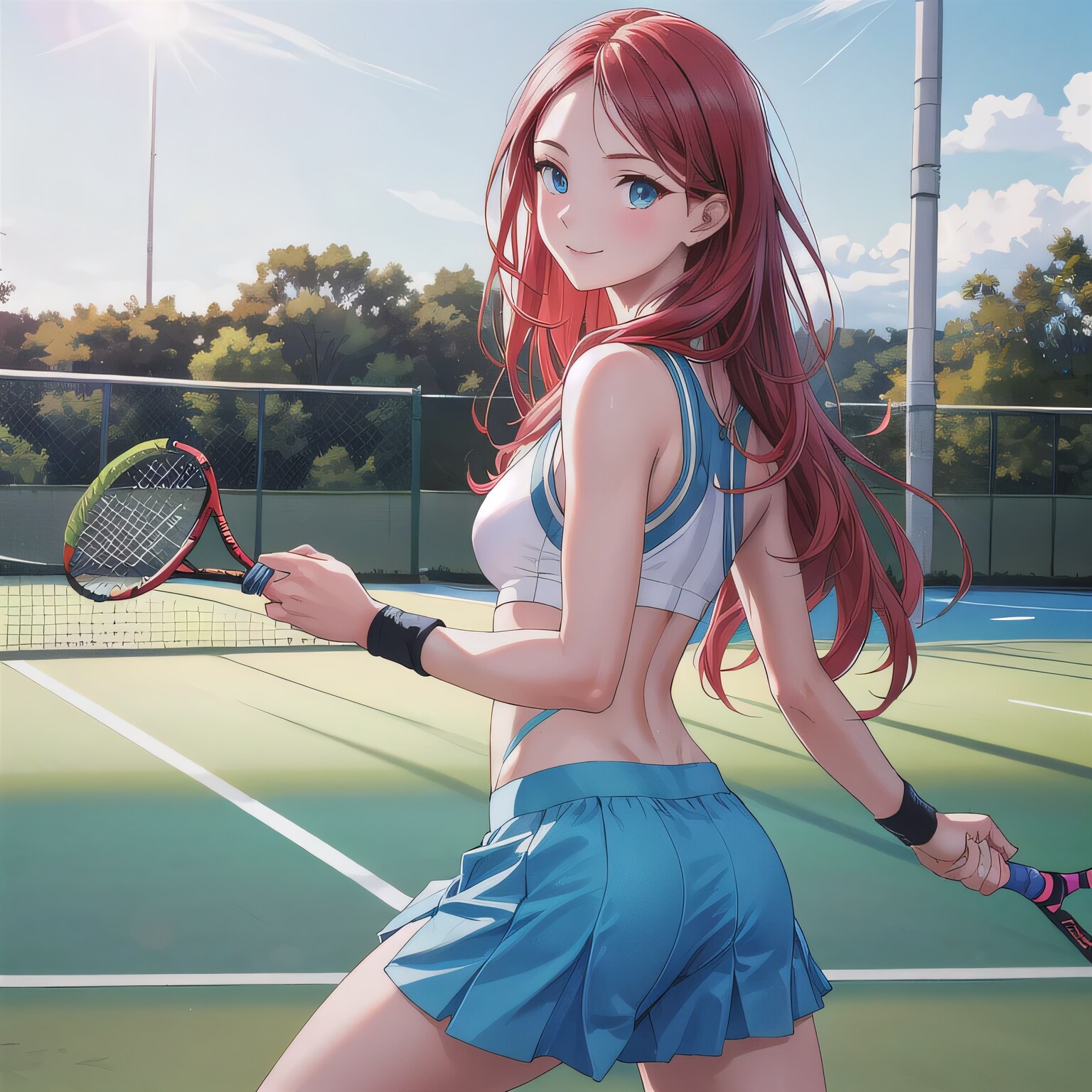 赤髪ロングでテニスウェアの少女 | の人気AIイラスト・グラビア