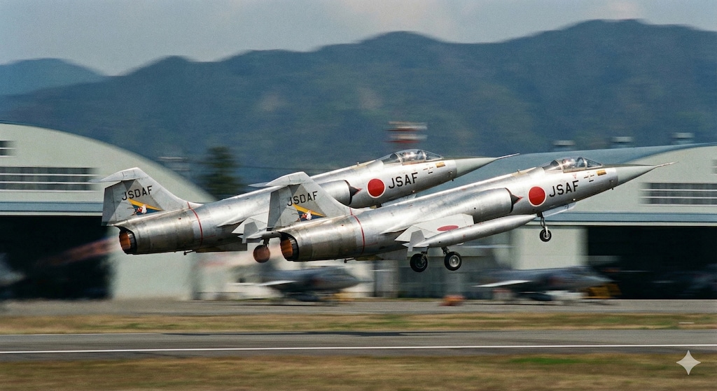 【お試し生成】F-104J スターファイター( 栄光 ) のスクランブル離陸シーン。