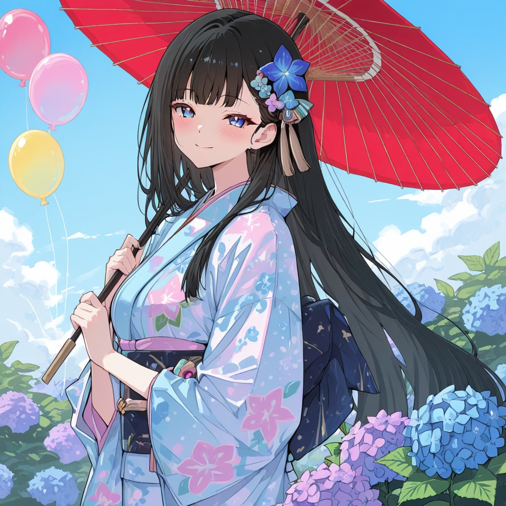 紫陽花咲く庭園でいっぱい色とりどりの風船を持つ黒髪ロングの着物着た美女