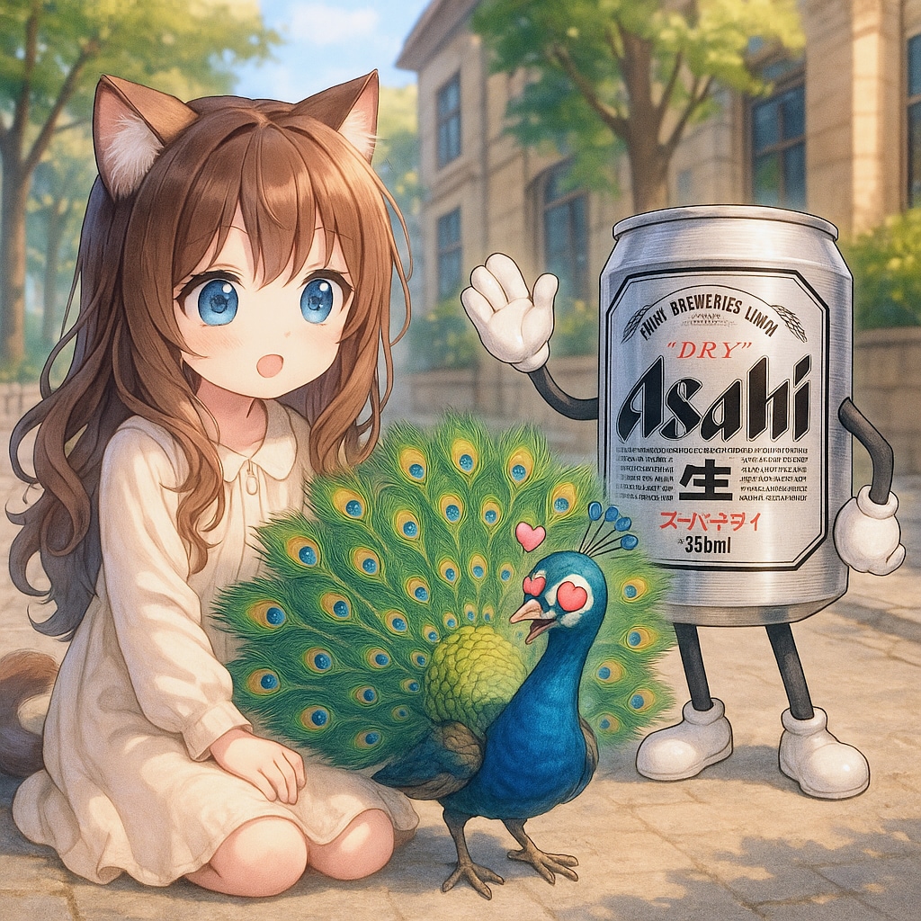 孔雀に求愛されている小さな女の子