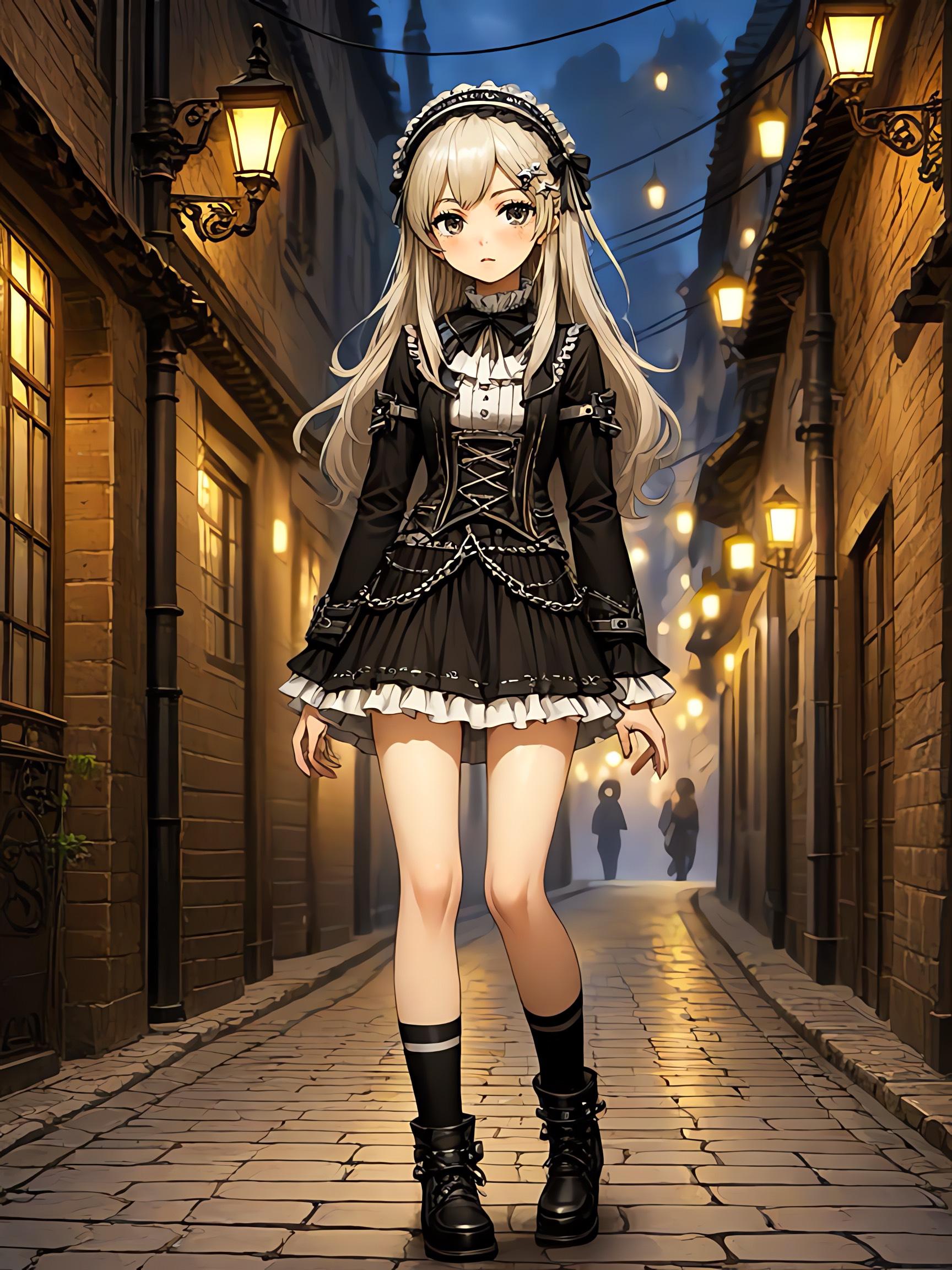 夜道を歩くゴスロリ女子高生！ | の人気AIイラスト・グラビア