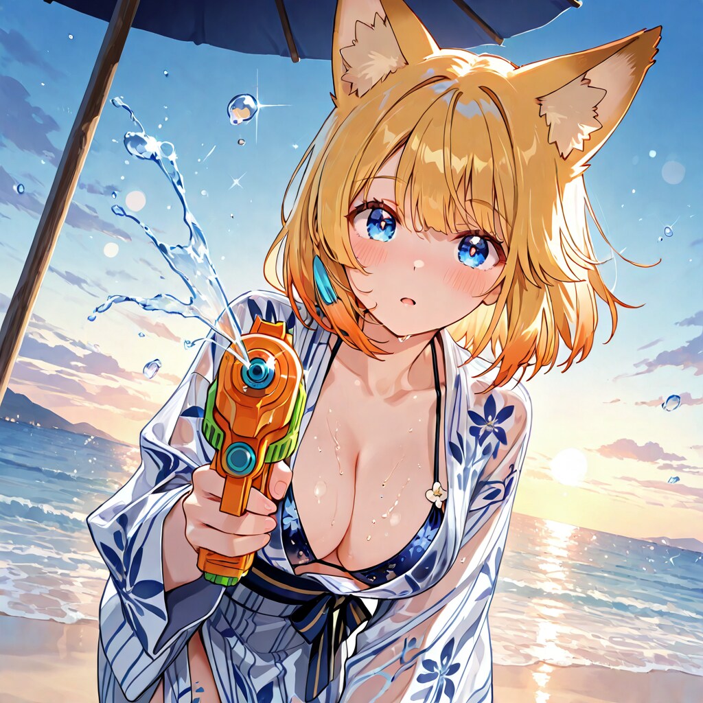 黄昏に舞う水飛沫と真夏の狐