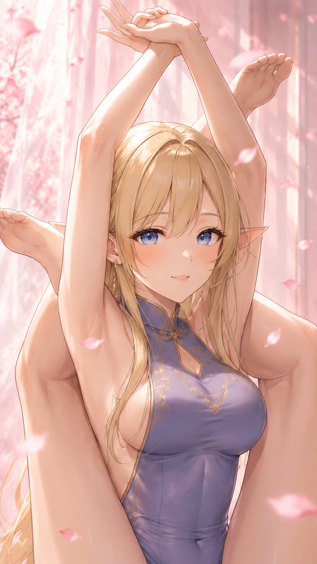 折り畳まれたパイプ椅子のポーズをするエルフさん