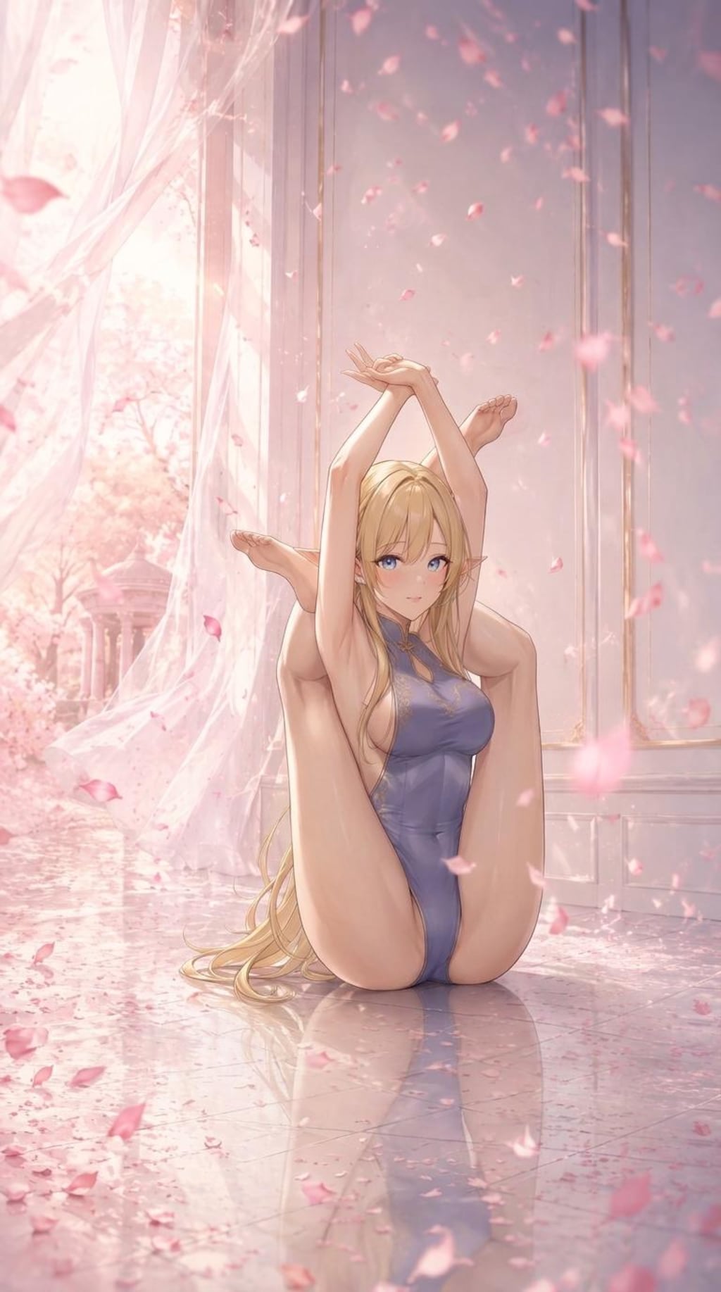 折り畳まれたパイプ椅子のポーズをするエルフさん